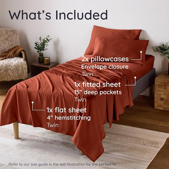 Bambaw 100% Viscose Derived from Bamboo Twin Sheets Sets – 4-Piece Twin Bed Sheets Set, Cooling, Soft & Breathable, Helps Reduce Night Sweats, Lightweight & Comfortable (Terracotta)