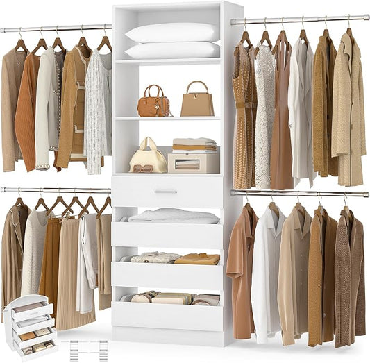 Aheaplus Closet System, 4-9Ft Closet Organizer with 4 Wooden Drawers, White | Wood Closet Organizer System with Tower, Walk-in Closet Organizer Wardrobe Clothes Rack with 4 Hanging Rods, Garment Rack