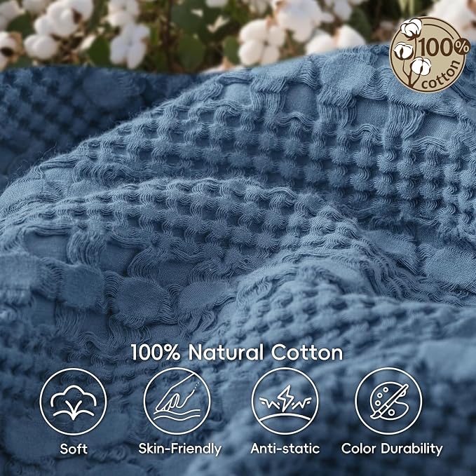 PHF Lightweight 100% Cotton Waffle Blanket for Bed, Queen, Denim Blue | Pre-Washed Soft Cotton Comfort, Breathable Layering Warmth for Fall & Winter, Bed, Sofa, Couch, Home Decor & Gifts