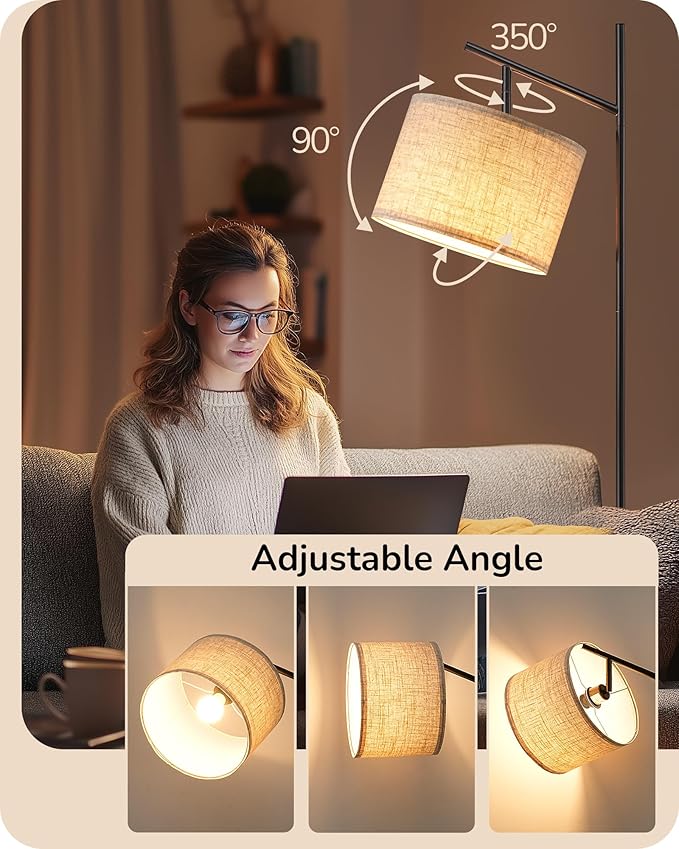 EDISHINE Modern Black Floor Lamps for Living Room, 64.7" Arc Standing Lamp | 3 Color Temperatures, Bulb Included, Adjustable Linen Shade, Foot Switch, Minimalist for Bedroom, Office, Nursey