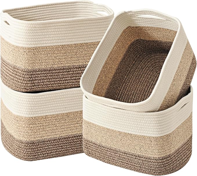 ICERZCZ Storage Baskets for Organizing & Shelves, Woven Cotton Rope Organization Bins for Dog Toys, Clothes, Books, Nursery Organizer, 15"Lx11"Wx9.5"H, (4 Packs) Gradient Brown
