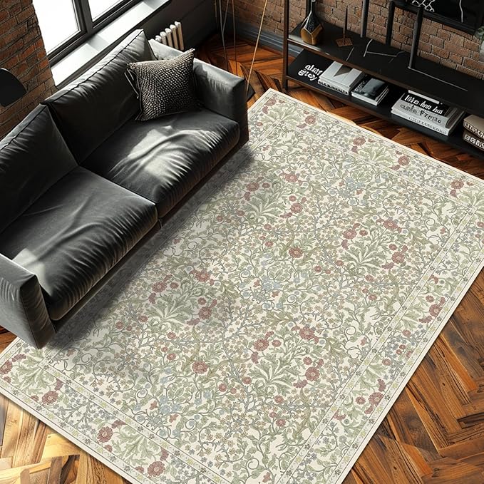 Vintage Light Green Living Room Rug, 5x7 Washable Area Rugs for Dining Room Under Table, Soft Low Pile Large Carpet Bedroom, Non-Slip Boho Floral (5 x 7 Light Green)
