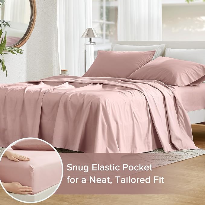 Comfort Spaces 100% Cotton Percale Sheets King Sheet Set 4 Pcs, Pink | Crisp, Cool & Breathable Bed Sheets, 14" Deep Pocket Fits Up to 16" Mattress, Lightweight, All Season Cozy, with Pillow Case