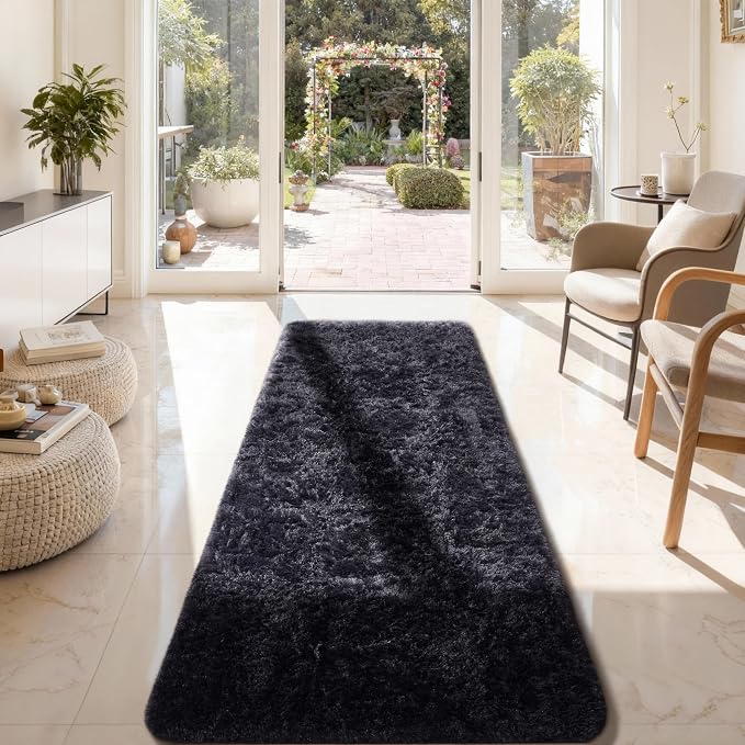 Ophanie Runner Rug for Hallway, 2x7 Washable Non-Slip Fluffy Soft Bedside Rugs, Bedroom Living Room Shaggy Carpet for Kids Girls Boys Dorm Nursery Decor Aesthetic, Black with Over 99 pcs Pile fibers