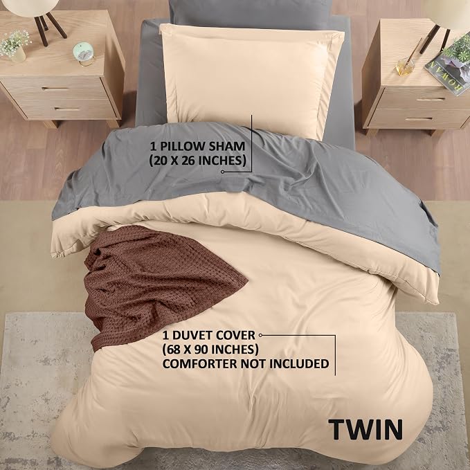Duvet Cover Twin/Twin XL, 3 PC Cotton Like Polyester, Zipper Closure, Beige | Extra Soft and Breathable, Wrinkle & Fade Resistant, Includes Duvet Cover and 1 Pillow Sham, Comforter Not Included, OekoTex