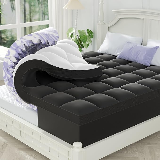 Dual Layer 5 Inch Memory Foam Mattress Topper King | 3 Inch Pillow Top Mattress Pad Cover and 2 Inch Gel Memory Foam, 7-Zone Egg Crate & 2-in-1 Design (Black)