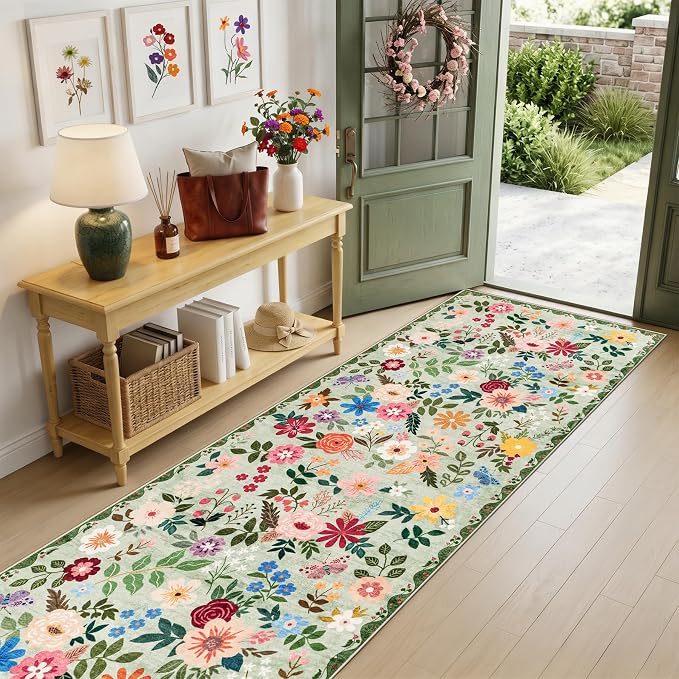 PLHXFR 2.6x14 Washable Runner Rug：Floral Indoor Kitchen Soft Carpet Green | For Hallway Bedroom Kitchen Laundry Bathroom Dorm,Vintage Floral,Machine washable,Non Slip,Stain Resistant,Indoor Floor