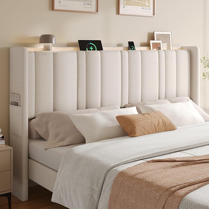 ONBRILL King Size Headboard with Storage, LED Light, Off White | Linen Vertical Wingback Headboard w/ Charging Station, Upholstered Head Board w/ High-Density Foam Padding, 2 Storage Pockets