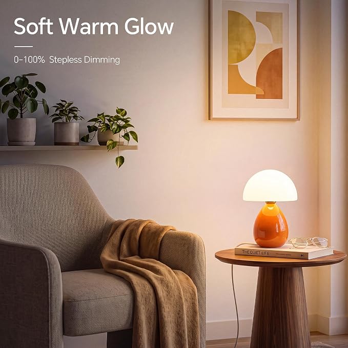 Mushroom Lamp Table Lamp for Bedroom-Small Desk Table Lamps,Orange | Ice Crackle 10.08" Mid Century Modern Table Lamps for Living Room Bedroom Decor,Ceramic Lamps for Home Room Decor,Glass Shade