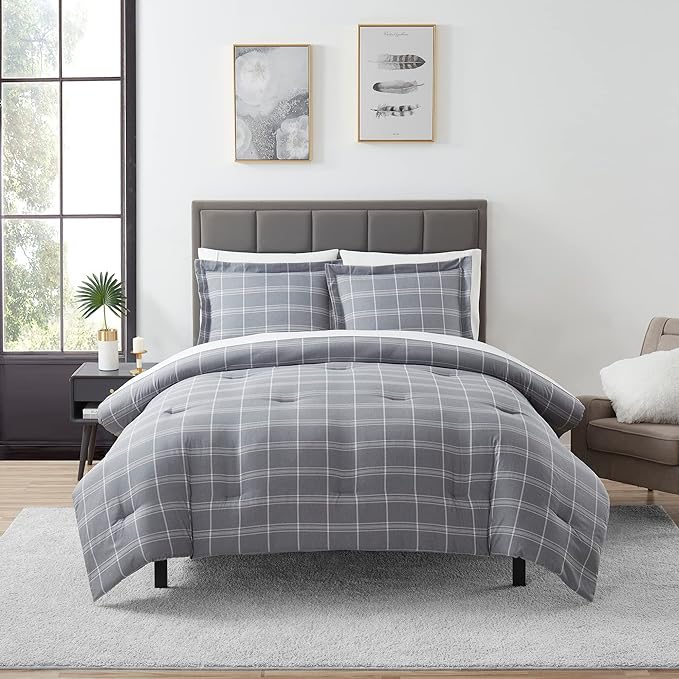 7 Piece Comforter Set Bag Solid Color All Season Soft Down Alternative Blanket & Luxurious Microfiber Bed Sheets, Twin, Gray Plaid