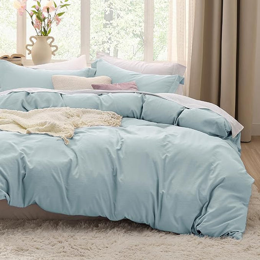 Bedsure Prewashed Duvet Cover Queen, Cotton-Like Bedding Set, Baby Blue | Ultra Soft, Relaxed Texture, Breathable Comfort, Hidden Zipper, 8 Corner Ties, Easy Care, OEKO-TEX Certified, Year-Round Use
