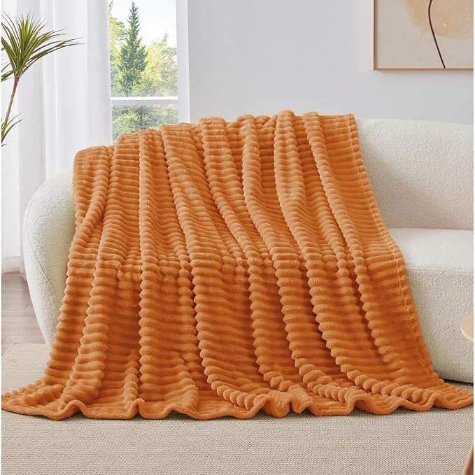 BEDELITE Ribbed Fleece Fall Throw Blanket, Burnt Orange, 50"x60" | Soft Cozy Blanket, 3D Ribbed Design, Autumn Home Decor Accent, Lightweight Throw for Couch, Bed, Halloween & Thanksgiving