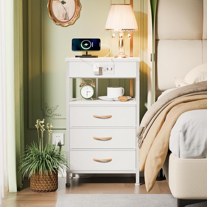 Furnulem White Nightstand with Charging Station, 3 Drawers Bedside Table | 28.3 Inch Tall Dorm Night Stand with Fabric Drawers, Storage End Table with Outlets, Small Dresser for Bedroom, 3 Ways to Use