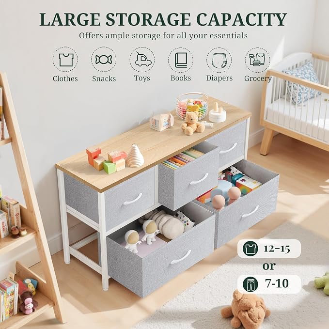 5-Drawer Dresser for Bedroom, Anti-Tip Wide Storage Organizer Fabric | Chest of Drawers TV Stand for 45" TV with Wooden Top and Metal Frame for Closet, Living Room, Hallway, Entryway, Light Gray