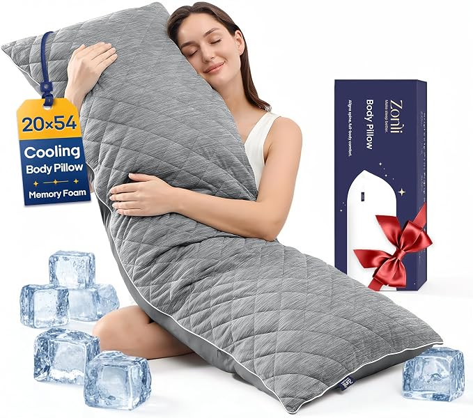 ZonLi Cooling Body Pillow for Adults Side Sleeper & Pregnancy - Memory Foam Insert Long Body Pillow 20 x 54 Inch with Washable Pillowcase, Gift for Men Women Grey