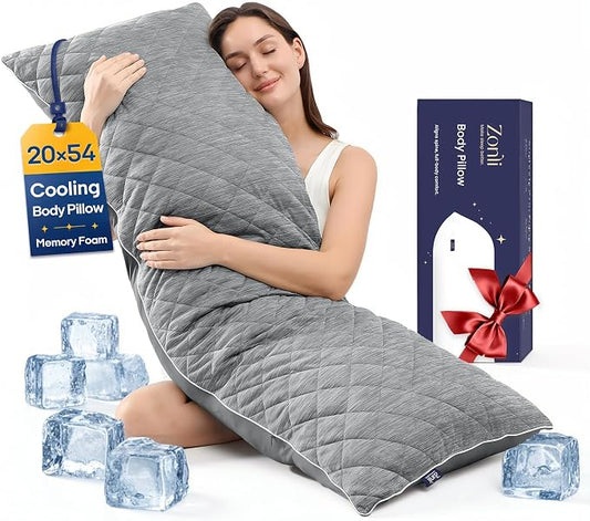 ZonLi Cooling Body Pillow for Adults Side Sleeper & Pregnancy - Memory Foam Insert Long Body Pillow 20 x 54 Inch with Washable Pillowcase, Gift for Men Women Grey