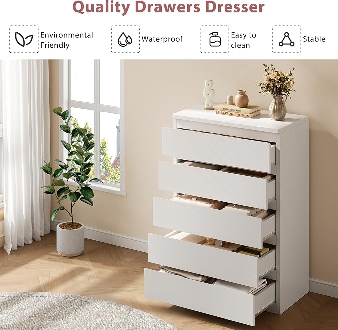 5 Drawer Dresser for Bedroom, White Dresser Chest of Drawers, Tall Dressers for Bedroom with Handleless Drawers, 15" D x 23.7" W x 40.4" H Storage Dressers for Living Room, Hallway and Entryway-White