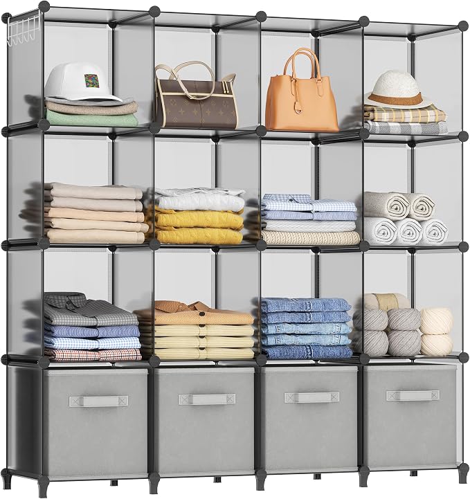HOMIDEC Closet Organizers and Storage, 16 Cube Storage Organizer | Portable Closet Organizer Cubes Shelves for Clothes, Bedroom, Wardrobe, Kids Room, Bathroom, Grey