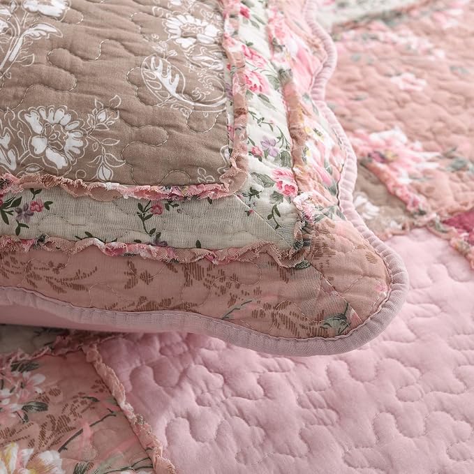 Quilt Set King Size, Cotton Patchwork Pink Floral Quilt Sets, Real Stitched Embroidery Bedspread Lightweight and Breathable for All Seasons, Soft Quilted with 2 Pillow Shams