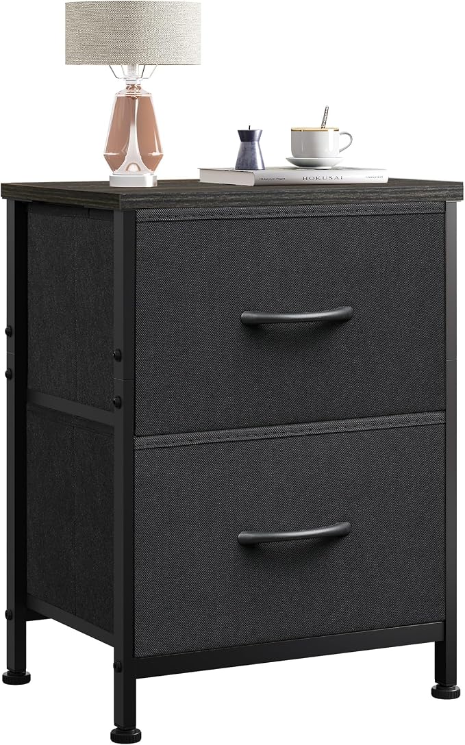 WLIVE Black Night Stand, Small Dresser with 2 Drawers & Wooden Top, Nightstand with Fabric Bins, Bedside Table End Table for Bedroom, Closet, Entryway, College Dorm, Charcoal Black | Versatile Small Side Table, Sturdy Metal Frame & Adjustable Feet, 15-...