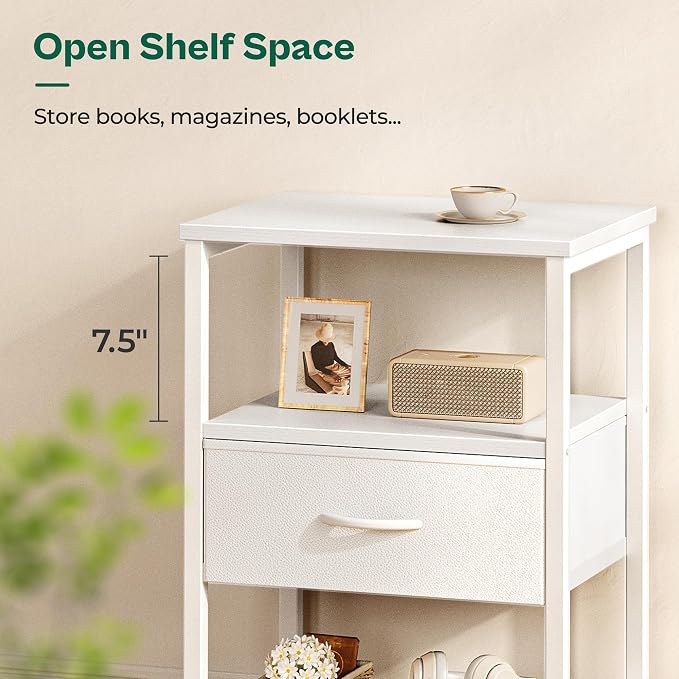 Huuger Nightstand Set of 2, Night Stand with Fabric Drawer, Mesh Shelf | Side Table with Storage, Fabric Drawer Dresser, Open Shelf, Metal Frame, Bedroom, White