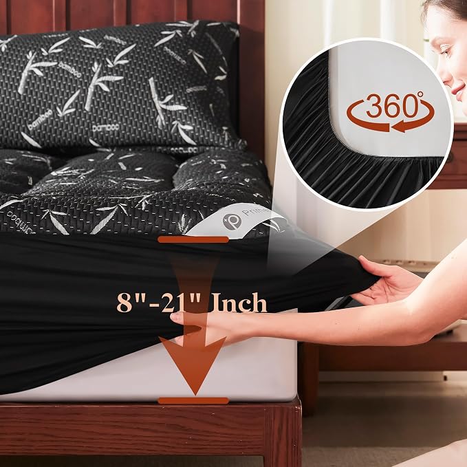 PRIMESOFT Twin Size Mattress Topper, Thick Pillow Top Mattress Pad，Up to 21 Inch Deep Pocket, Soft Breathable Mattress Pad for Back Pain, Waterproof Protector Cover(Black)