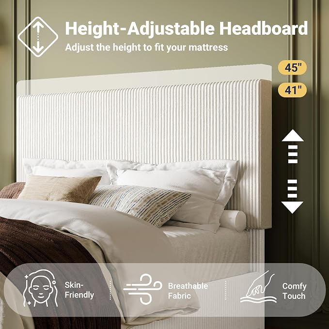 Allewie Full Bed Frame, Adjustable Corduroy Headboard, Platform, White | Adjustable Headboard, Corduroy Fabric, Low Profile, Wooden Slats, 800 lb Capacity, No Box Spring Needed