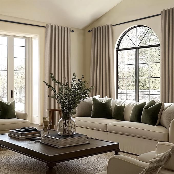 Topfinel Taupe Burlap Linen Blackout Curtains & Drapes 84 Inch Length 2 Panels Set, Flax Linen Brown Tan Beige Room Darkening Soundproof Cabin Curtains with Hooks Rings for Bedroom Living Room