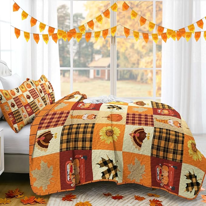 Fall Patchwork Quilt Set Queen Size 3 Piece Thanksgiving Bedding Set Orange | Sunflower Maple Leaves Pumpkin Pattern Bedspread Coverlet, Soft Microfiber Cozy Farmhouse Autumn Bedding Decor (96"x90")