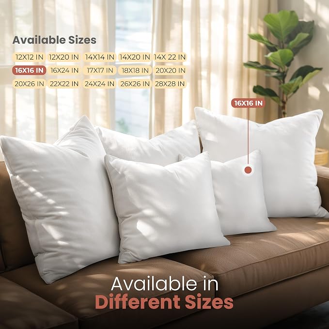 Utopia Bedding 16x16 Pillow Inserts, White Throw Pillows for Couch, 2 Pack | 100% Virgin Filling, Indoor Cushion Inserts for bed, sofa & couch, Extra Filled, Supportive & Fluffy Decorative Pillows