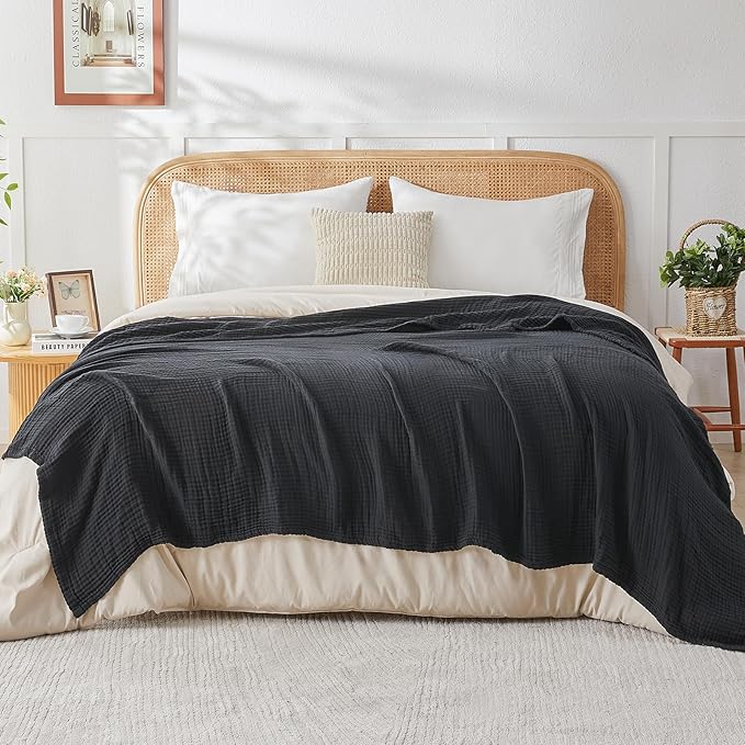 EMME Muslin Blankets for Adults Throw Blanket for Couch Breathable Gauze Soft Lightweight Airy Black Throw XL 50" x 71"