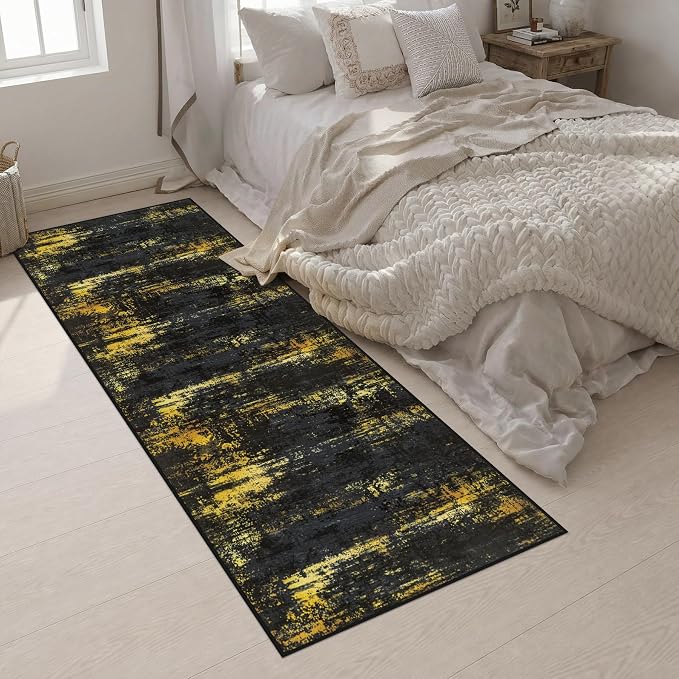 3x10 Washable Runner Rug：Modern Abstract Soft Carpet Black Gold | For Hallway, Bedroom, Kitchen, Laundry, Bathroom,Door Mat,Modern Abstract,Machine washable,Non-Slip,Stain Resistant,Indoor