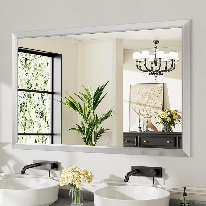 Bathroom Wall Mirror, Silver Brushed Nickel Metal Frame, 55x36 Inch | Anti-rust, HD tempered glass, for bathroom vanity, bedroom, living room, horizontal or vertical mount