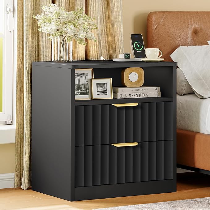 Fluted Nightstands Set of 2, Night Stand with Charging Station and LED Light, Nightstand with Storage Drawer and Open Shelf, Bedside Table for Small Space, Bedroom, Black
