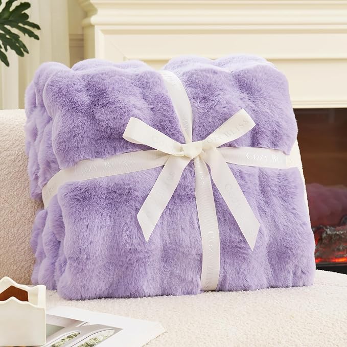Cozy Bliss Faux Fur Throw Blanket for Couch, Fuzzy Soft Plush Thick Bubble Blanket for Sofa Bedroom Living Room, 60 * 80 Inches Lavender Purple