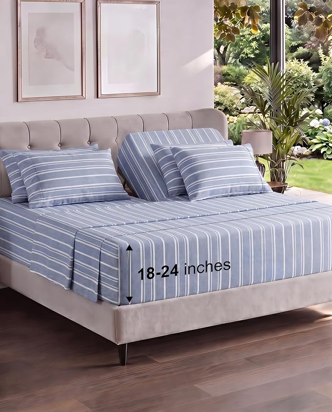 Extra Deep Flex Top Split Head King Sheet Set - 6 Piece Breathable and Cooling Sheets - Hotel Luxury Bedding for Women, Men, Kids & Teens - Easy Secure Fit - Extra Deep Pockets - Blue Stripes 3