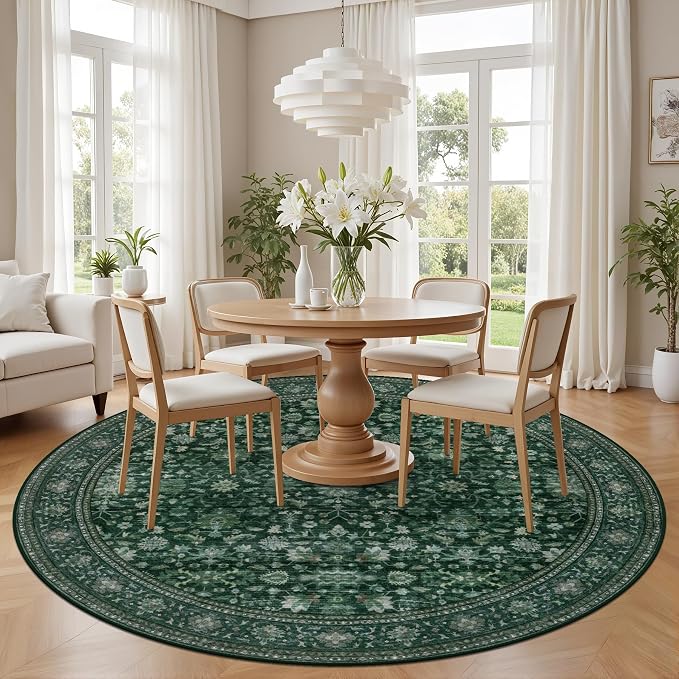 Round Area Rug for Living Room: 4ft Boho Washable Rug Deep Green | Vintage Boho Soft Round Rug Indoor Floor No Slip Carpet Stain Resistant Rugs for Bedroom Dining Room Nursery Home Office