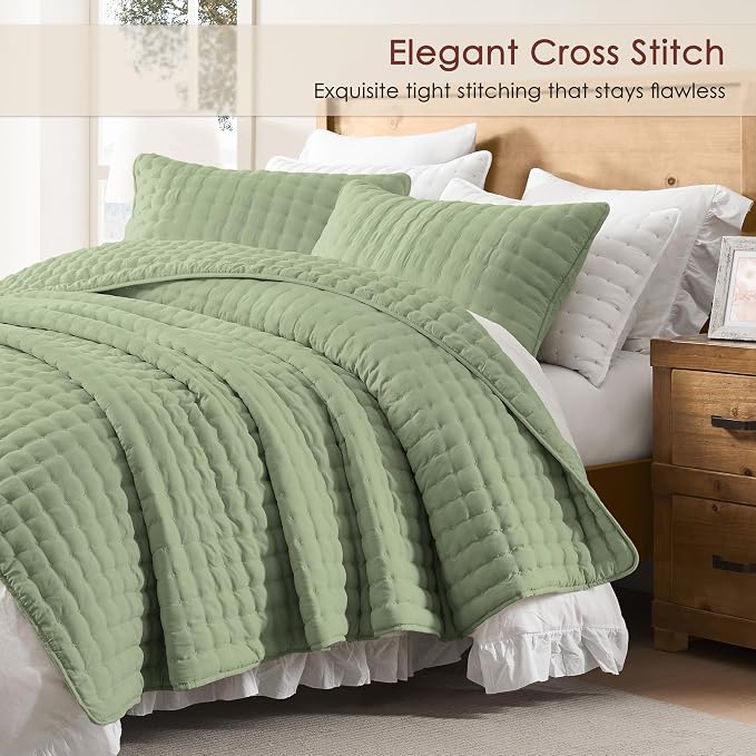 WDCOZY Sage Green Cloud Quilt Set Queen Size, Lightweight Soft Cross Stitch Bedspread, Farmhouse Rustic Country Coverlet, Spring Summer Thin Comforter, 3 Pieces, 2 Pillow Shams, 90x90 inches