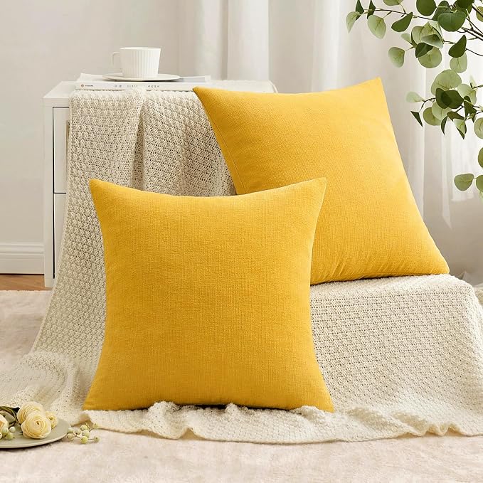 MIULEE Yellow Chenille Couch Throw Pillow Covers, 20x20 | Set of 2, Soft Farmhouse Modern Home Decor, Decorative Pillowcases for Sofa Living Room Bed