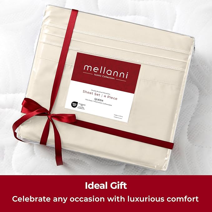 Mellanni 4-Piece Microfiber Sheet Set (Extra Deep King, Golden Ivory) | Double-brushed softness; breathable comfort; 21-in deep pocket; machine washable; OEKO-TEX(R) certified; Lifetime Promise