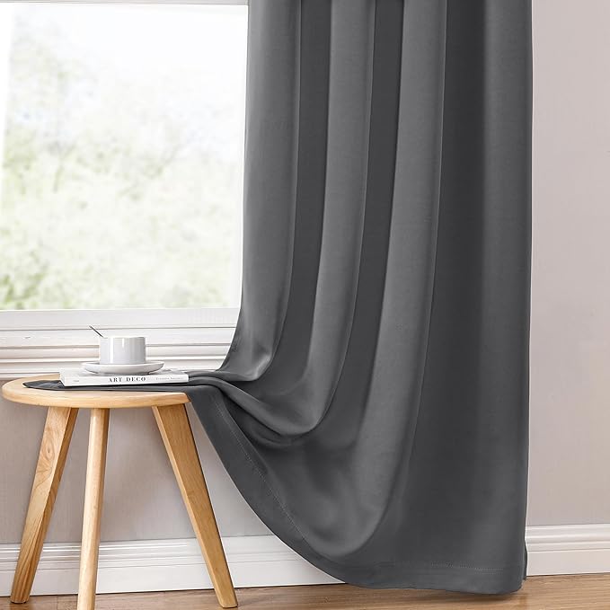 ChrisDowa 100% Blackout Curtains for Bedroom 63 Inches Long 2 Panels Set | 2 Thick Layers, Thermal Insulated, Light Blocking, Grommet, Window Treatment, Living Room Drapes, Grey, 52 x 63 Inch