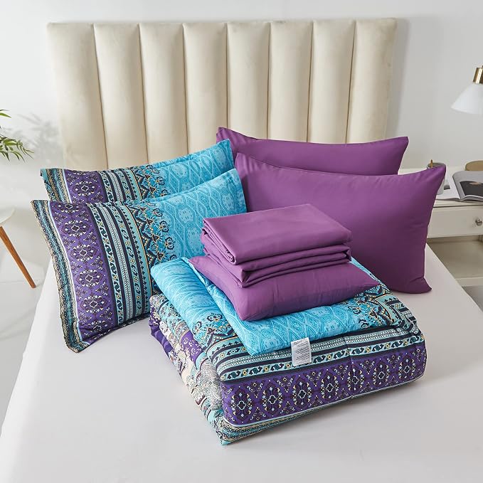 Cottolester Boho Comforter Set Full Size 8 Piece Bed in a Bag Bohemian Striped Bedding Quilt Set Aqua Paisley Floral Comforter and Sheet Set,Soft Microfiber Complete Bedding Sets for All Season