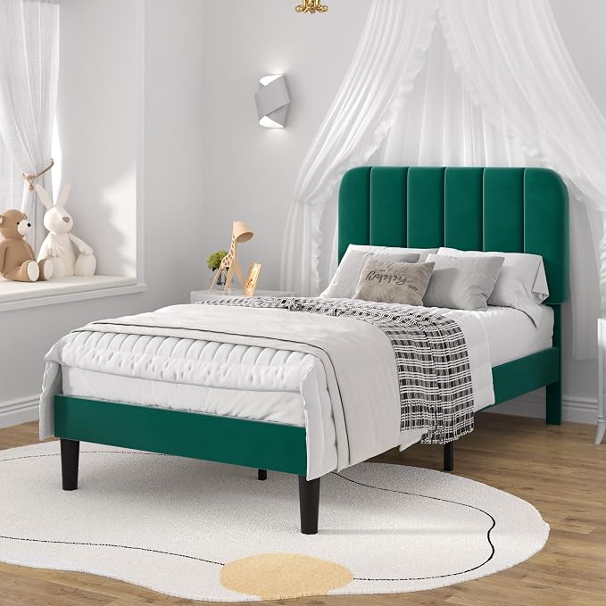 VECELO Twin Size Bed Frame with Upholstered Headboard, Velvet Platform Bedframe Mattress Foundation, Strong Wood Slat Support, No Box Spring Needed,Green