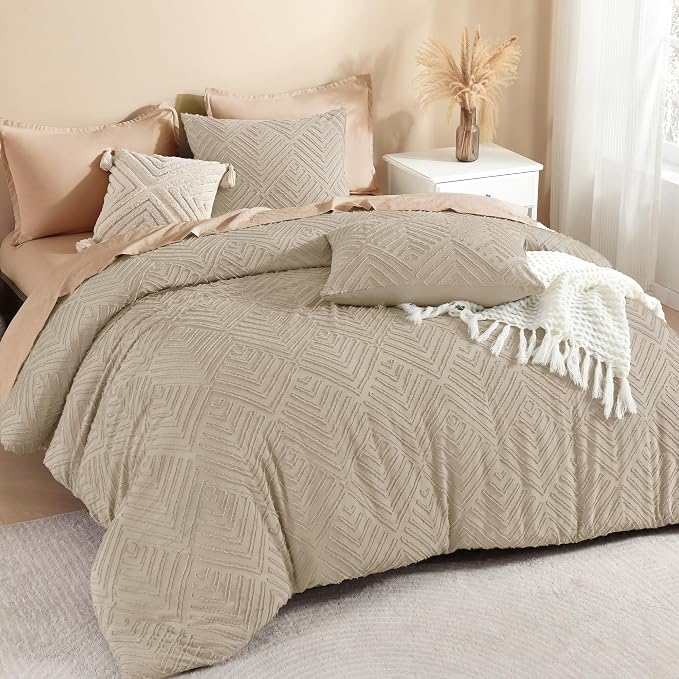 Litanika King Size Comforter Set, 3 Pieces Wheat Tufted Boho Bedding Set | Farmhouse Shabby Chic Vintage Bohemian Textured Aesthetic Soft Fluffy Lightweight Breathable All Season Bed Set for King Bed