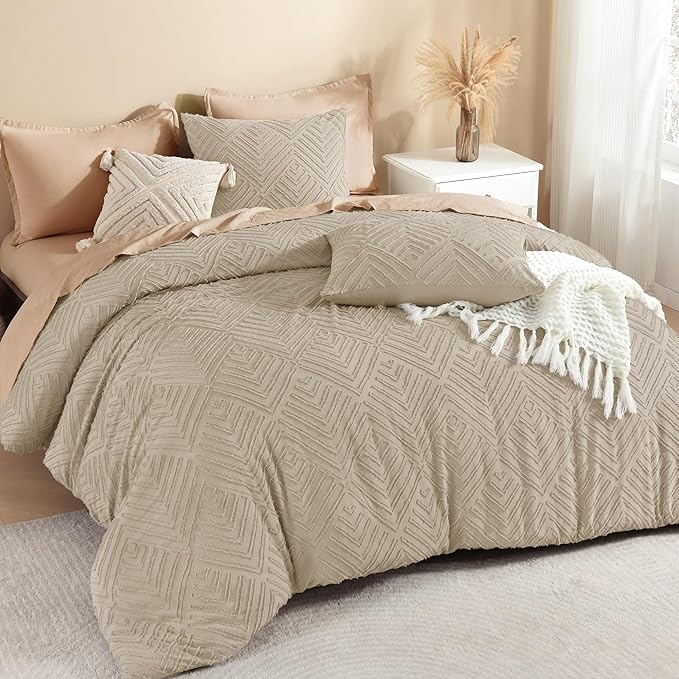 Litanika Queen Size Comforter Set, 3 Pieces Wheat Tufted Boho Bedding Set | Farmhouse Shabby Chic Vintage Bohemian Textured Aesthetic Soft Fluffy Lightweight Breathable All Season Bed Set for Queen Bed