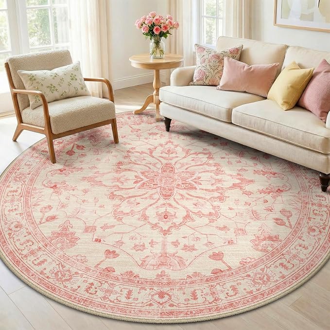 RELEANY Washable Area Rug, Round 6ft, Pink/Light Vintage Pink | Non-Slip, Water Repellent, Pet Friendly, Easy to Clean, Vintage Floral Boho Decor for Living Room Bedroom Dining Room