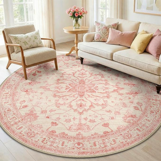 RELEANY Washable Area Rug, Round 6ft, Pink/Light Vintage Pink | Non-Slip, Water Repellent, Pet Friendly, Easy to Clean, Vintage Floral Boho Decor for Living Room Bedroom Dining Room
