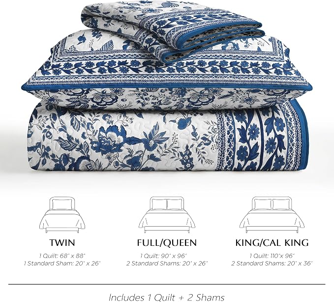 FLYMME Blue and White Vintage Floral Quilt Set Twin Size, 2-Piece Classic Reversible Bedspread Coverlet with 1 Pillow Sham, Lightweight Botanical Bedding Set for All Season
