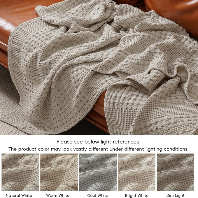 PHF Lightweight 100% Cotton Waffle Blanket for Bed, Queen, Pearl Gray | Pre-Washed Soft Cotton Comfort, Breathable Layering Warmth for Fall & Winter, Bed, Sofa, Couch, Home Decor & Gifts