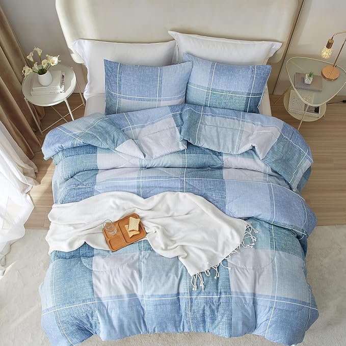 LifeTB Twin XL Comforter Set Blue Checkered Comforter Set for Men Boys Geometric Checkered Plaid Printed Boho Bedding Comforter for All Seasons Fluffy Soft Lightweight Plaid Bedding Set Twin XL